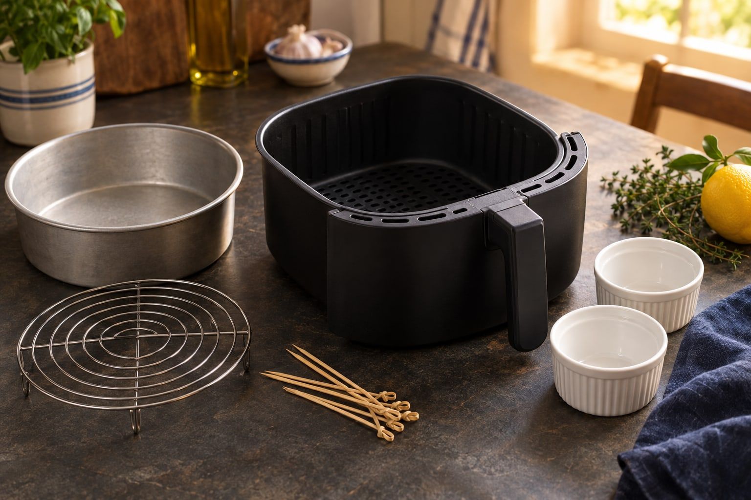 Accessoires air fryer, moule rond, grille, ramequins et piques en bois posés autour d’un panier ouvert