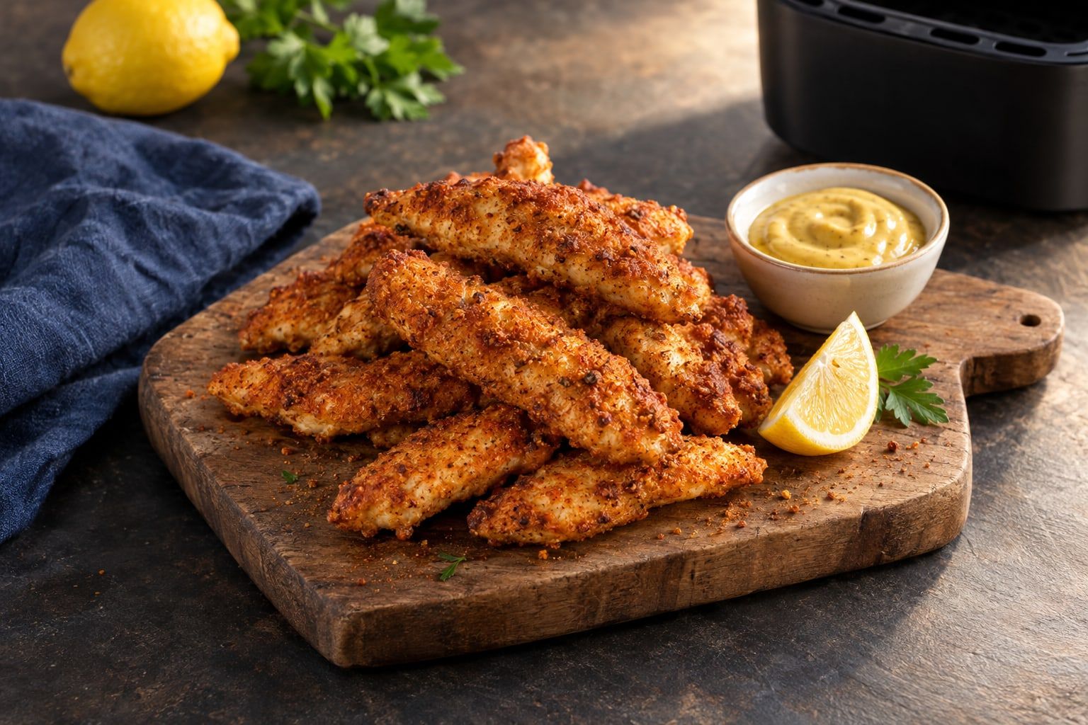 Aiguillettes de poulet au air fryer, bandes dorées au paprika sur une planche en bois avec citron et moutarde