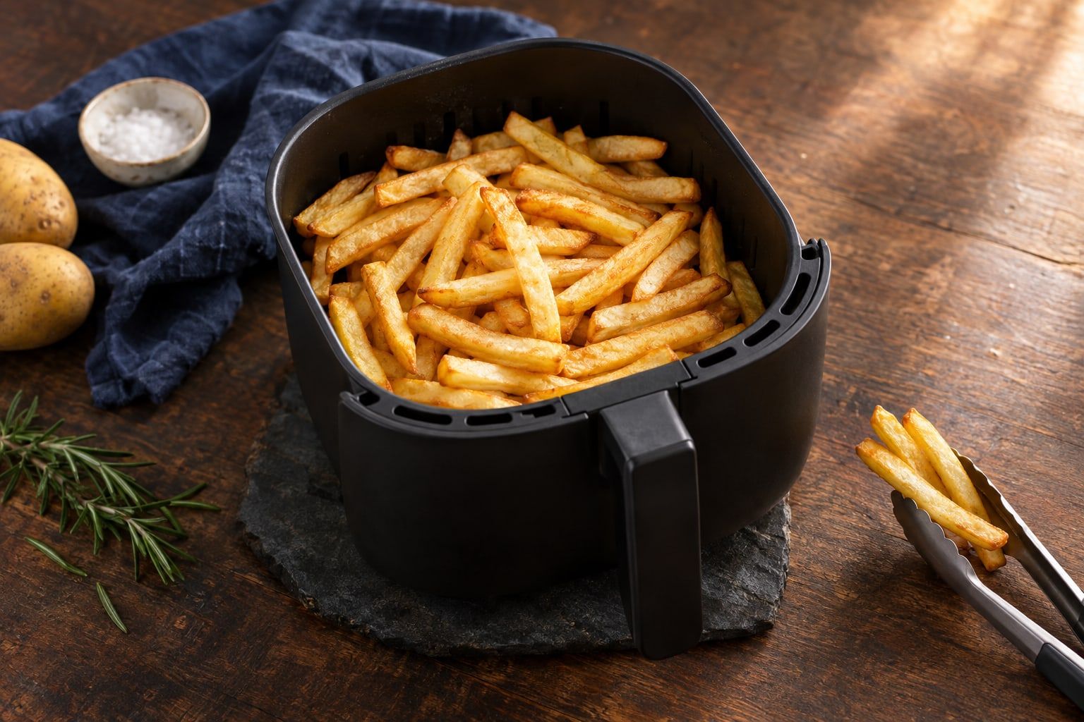 Air fryer cancérigène ou non : des frites dorées, sans zones brunes, dans un panier propre
