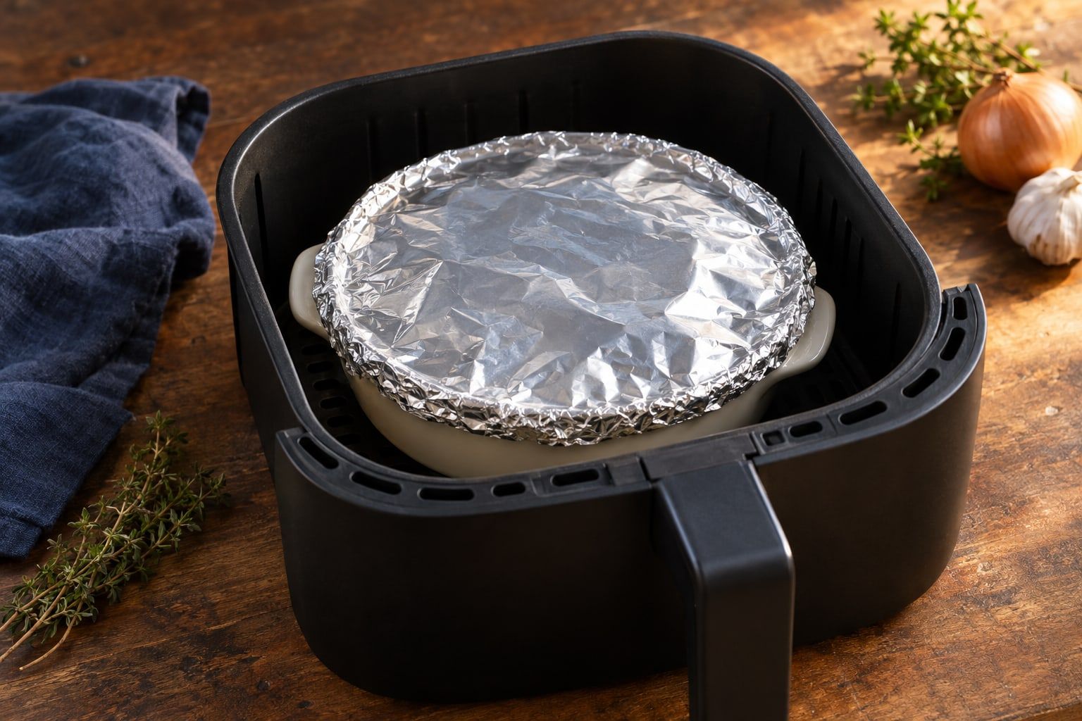 Aluminium air fryer, plat rond recouvert d’une feuille d’aluminium sertie sous le rebord, posé dans le panier