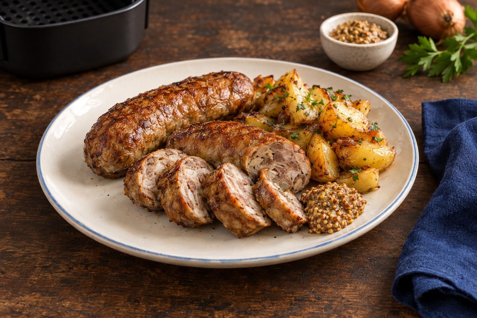 Andouillette au air fryer, peau dorée, coupée en tranches avec moutarde à l’ancienne et pommes de terre sautées