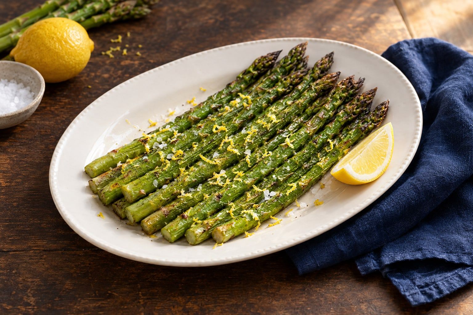 Asperges au air fryer, douze pointes vertes rôties au zeste de citron sur une assiette ovale blanche