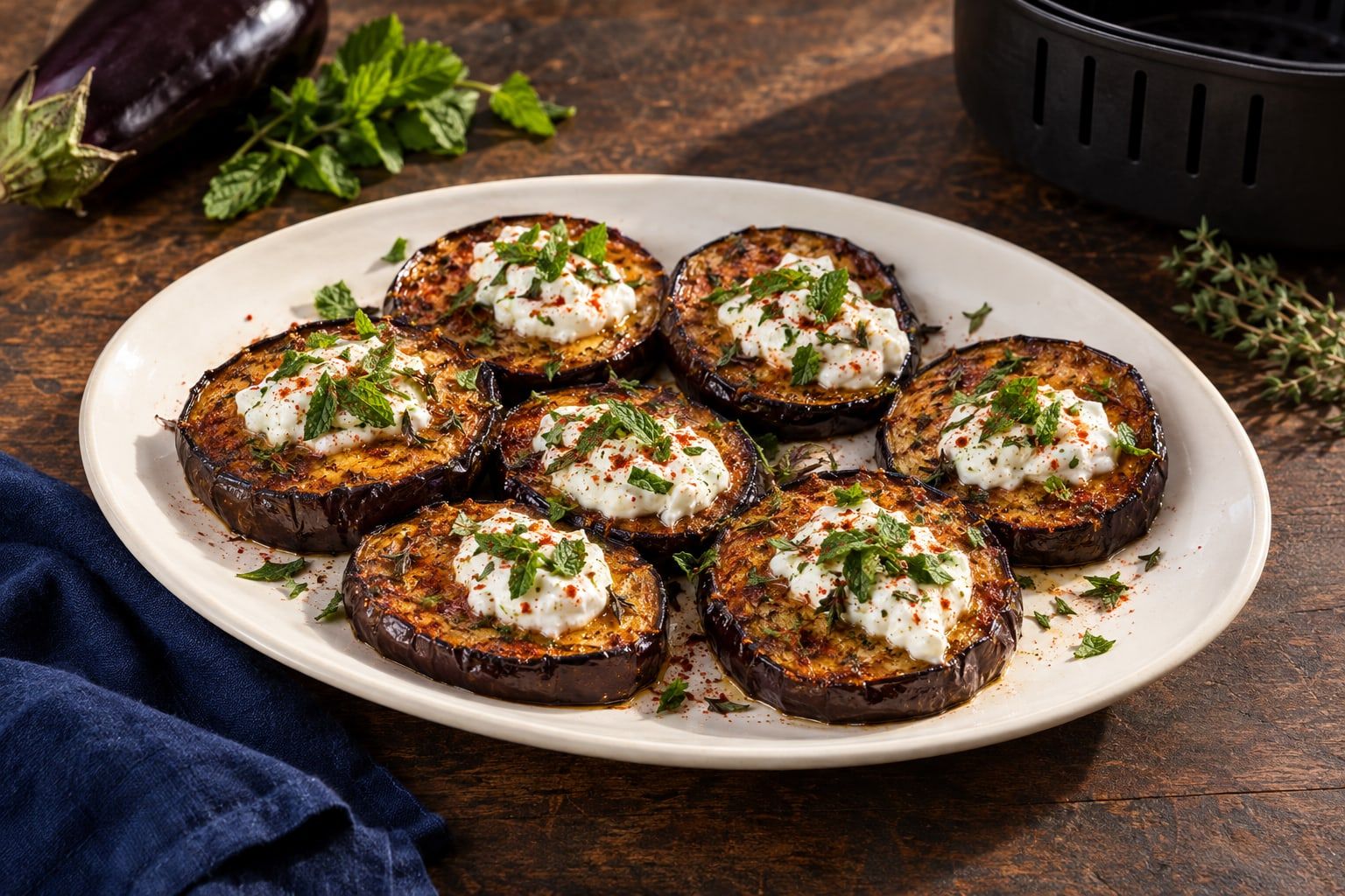 Aubergines au air fryer, rondelles dorées au yaourt et à la menthe sur un plat ovale blanc
