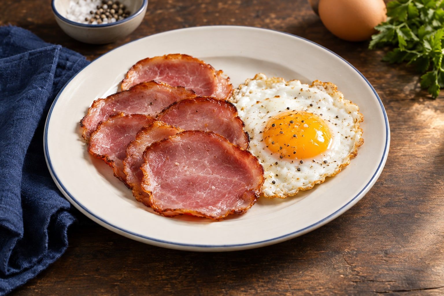 Bacon au air fryer, tranches rondes de filet de bacon grillées sur une assiette blanche à côté d’un œuf au plat