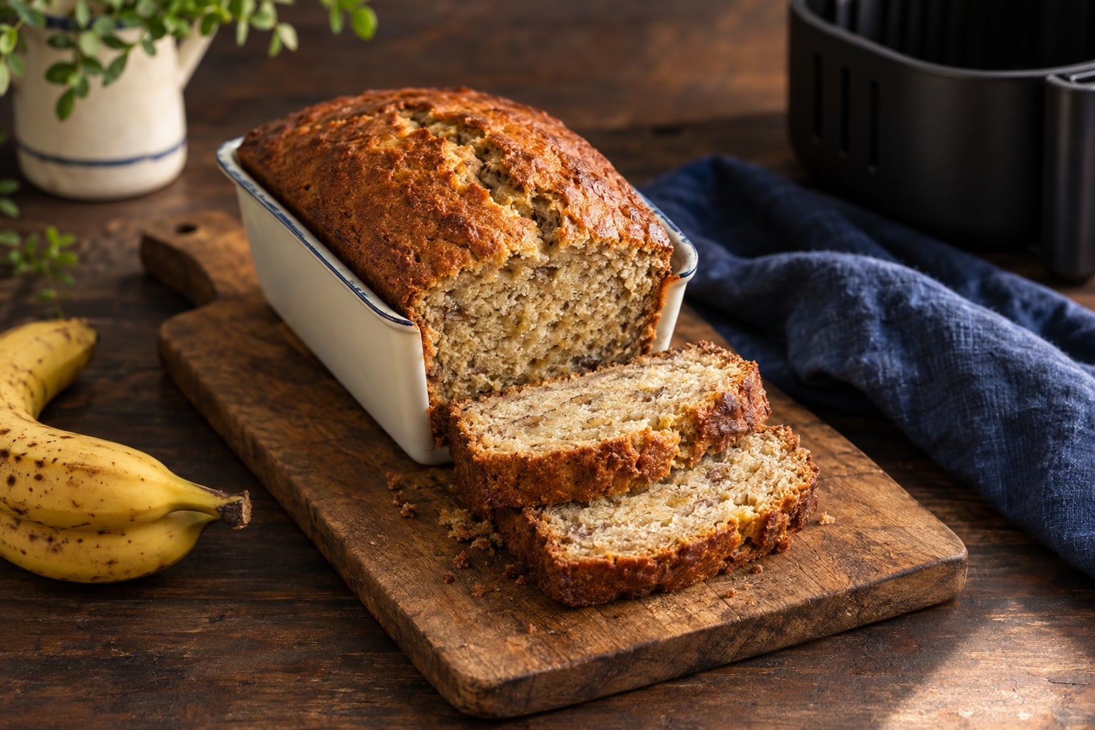 Banana bread au air fryer, petit cake doré et fendu sur le dessus, tranches à la mie moelleuse sur une planche en bois