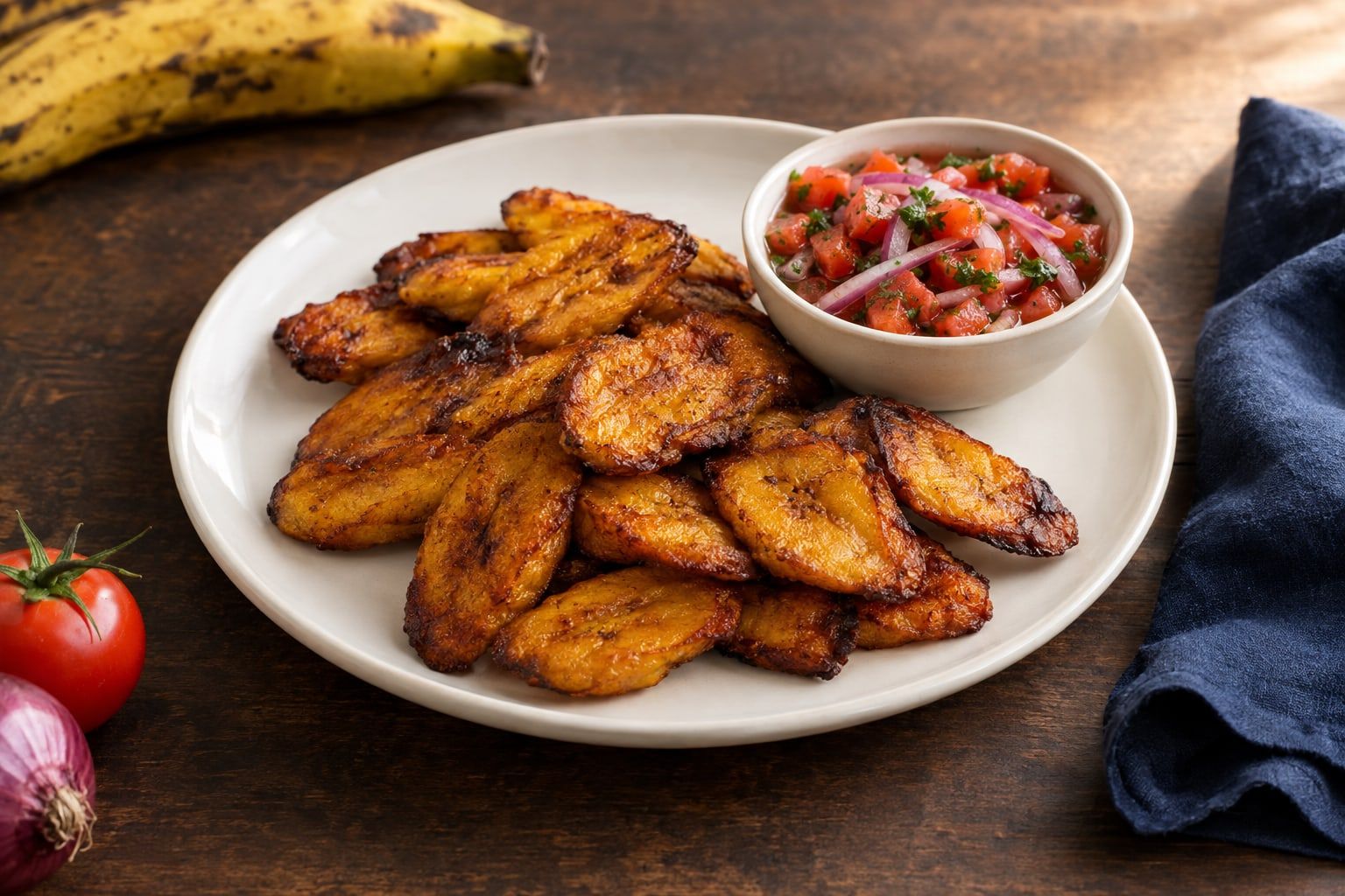 Banane plantain au air fryer, rondelles d’alloco dorées et caramélisées sur une assiette blanche avec une sauce tomate-oignon