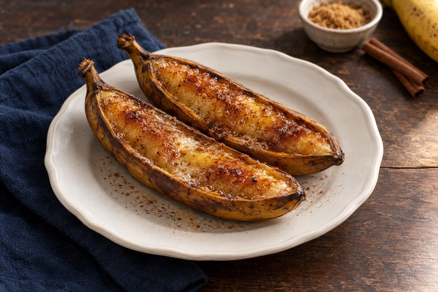 Bananes rôties au air fryer, deux bananes fendues en deux dont la chair caramélisée à la cannelle est dorée, dans leur peau sur une assiette blanche