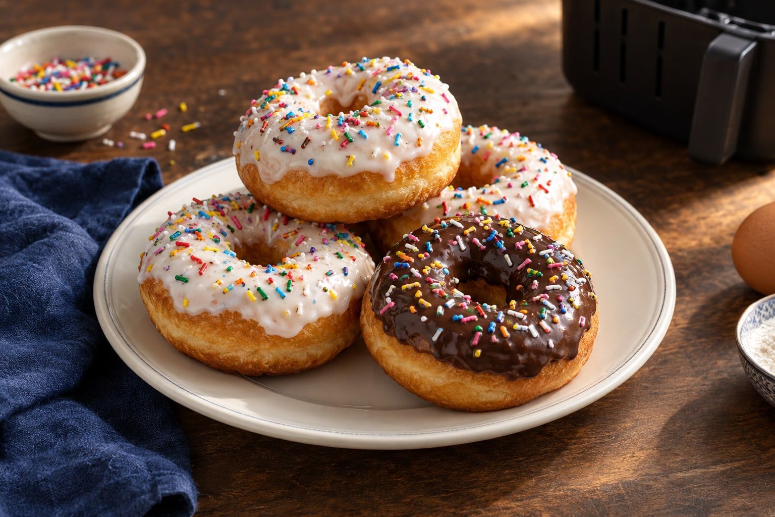 Beignets au air fryer, quatre anneaux dorés façon donuts, glaçage blanc et chocolat, vermicelles colorés, sur une assiette blanche