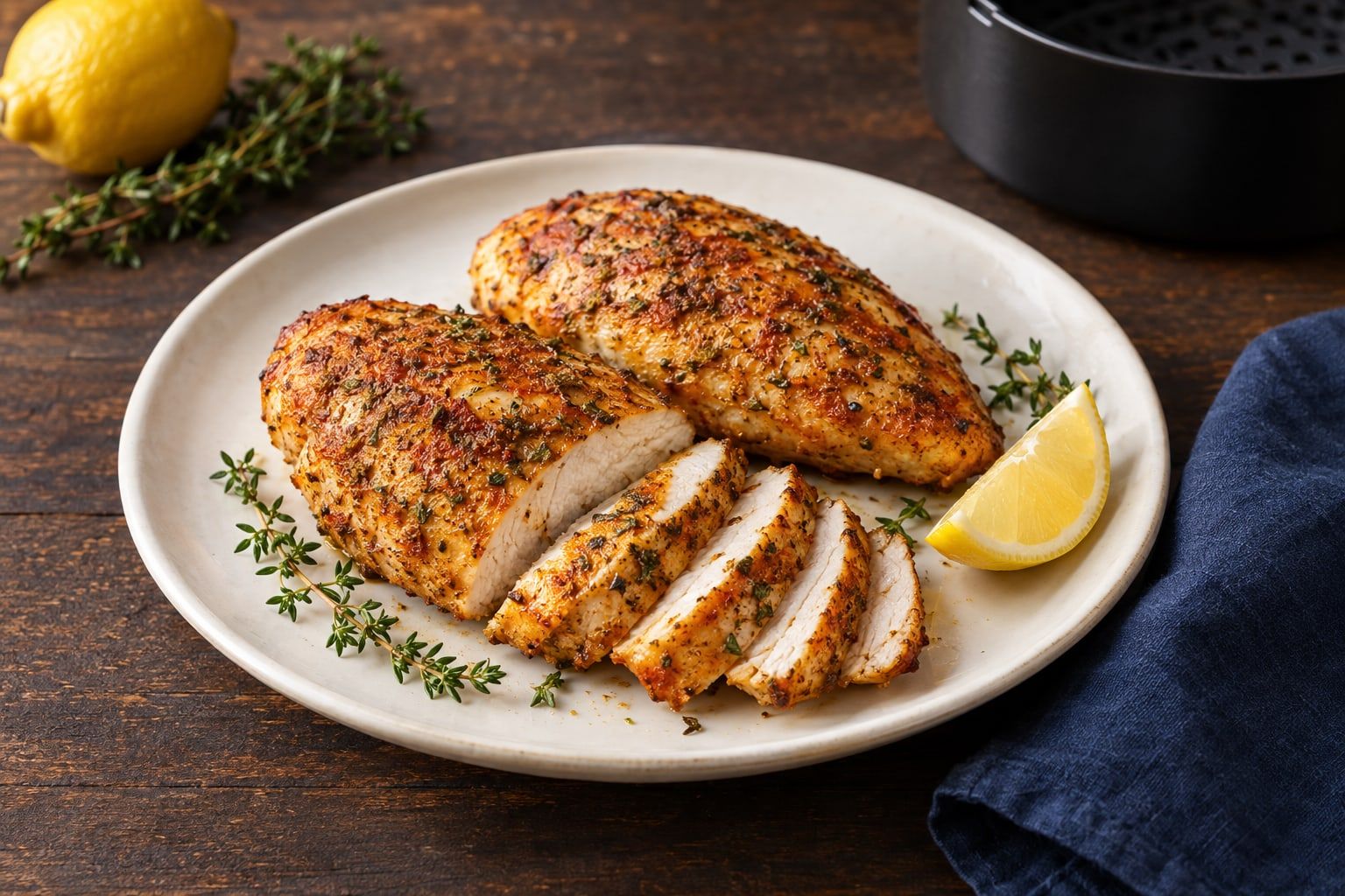 Blanc de poulet au air fryer, deux filets dorés dont un tranché, avec citron et thym sur une assiette blanche
