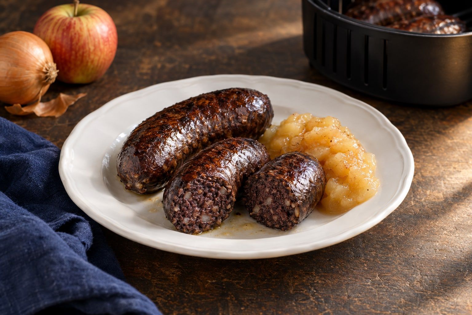 Boudin noir au air fryer, peau brunie, l’un coupé en deux, servi avec de la compote de pommes sur une assiette blanche