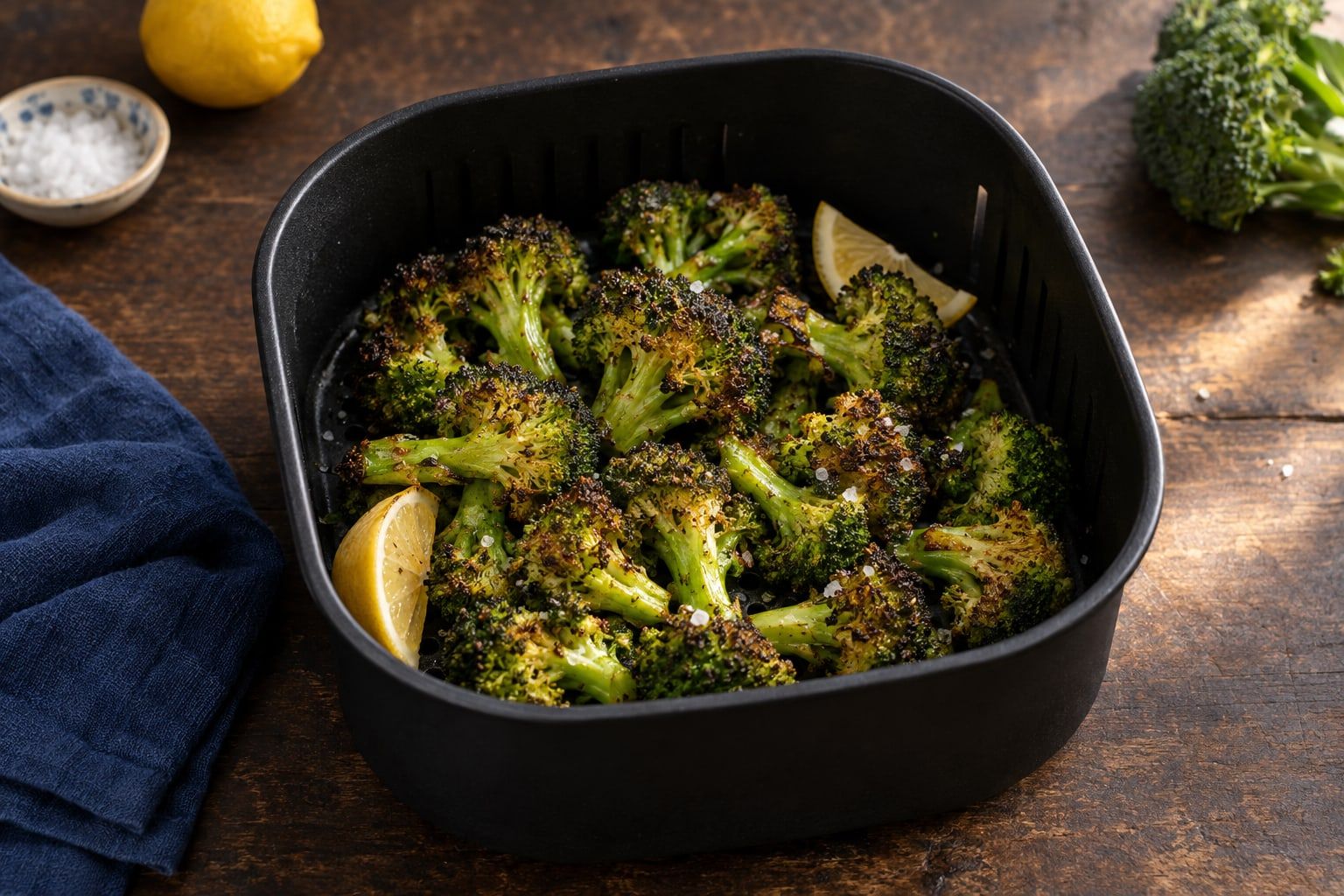 Brocolis au air fryer, fleurettes grillées aux bords bruns dans un panier noir