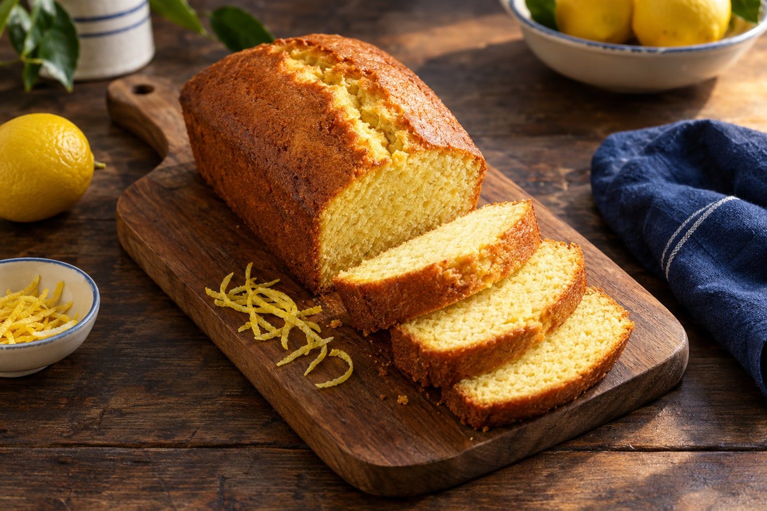 Cake au air fryer, cake citron doré à la fente centrale, découpé en tranches épaisses