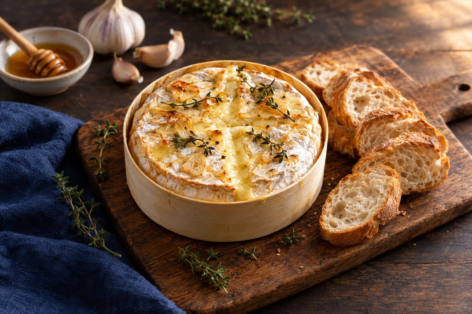 Camembert rôti au air fryer dans sa boîte en bois, croûte incisée, ail et thym, tranches de baguette à côté