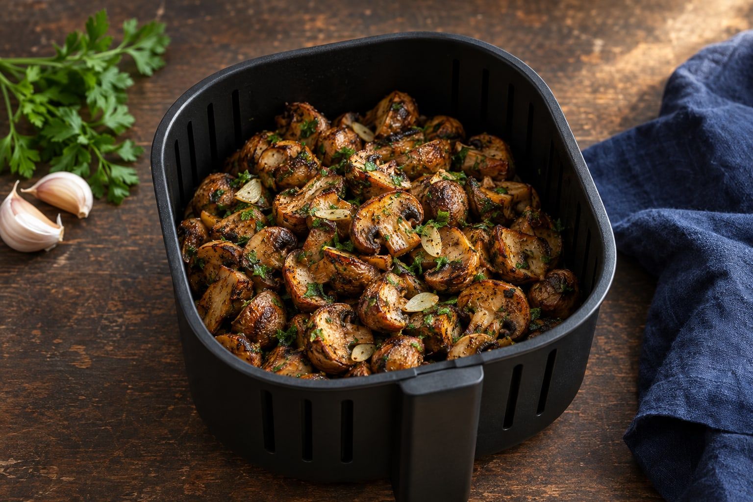Champignons au air fryer, champignons de Paris coupés en deux, dorés et parsemés de persil, dans un panier noir