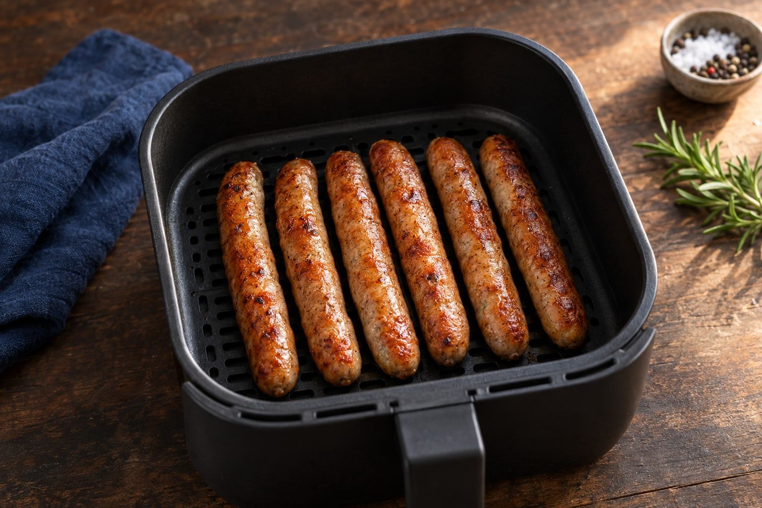 Chipolatas au air fryer, six saucisses fines dorées alignées dans un panier noir