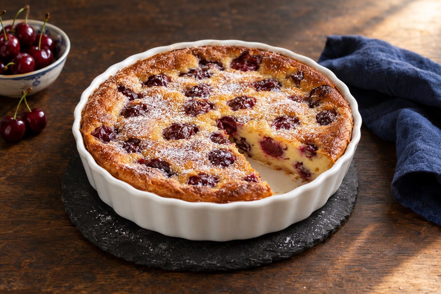 Clafoutis au air fryer, flan doré aux cerises poudré de sucre glace dans un plat rond blanc