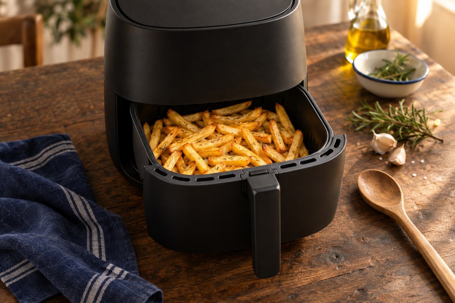 Comment fonctionne un air fryer : panier ouvert avec des frites dorées prêtes à être secouées