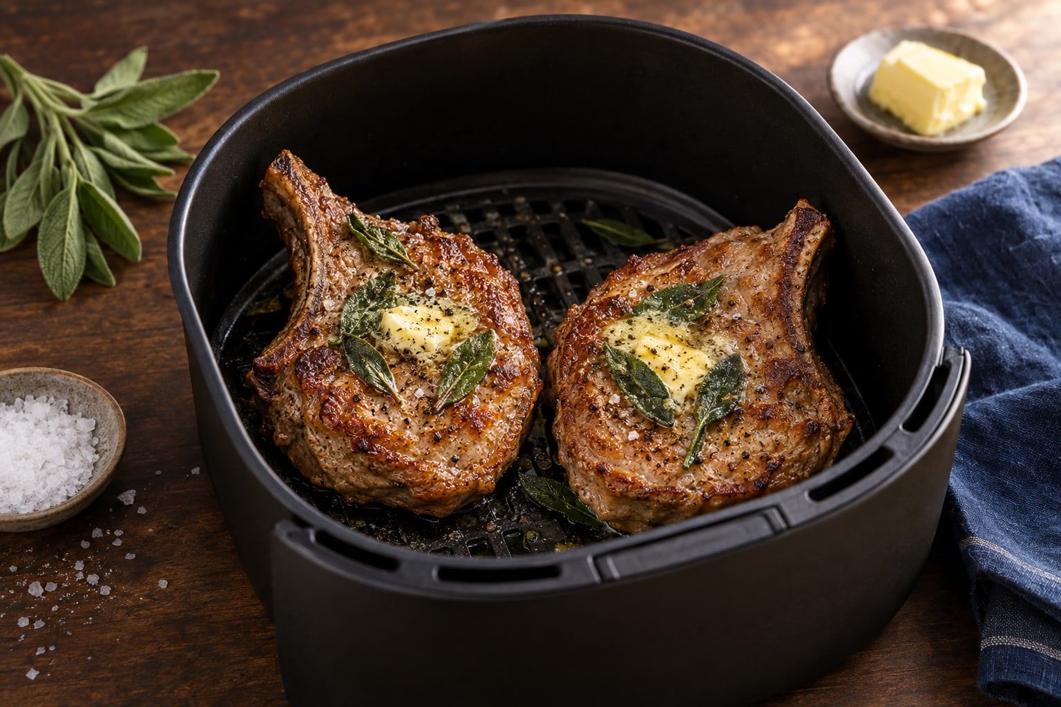 Côte de veau au air fryer, deux côtes dorées au beurre et à la sauge dans le panier noir