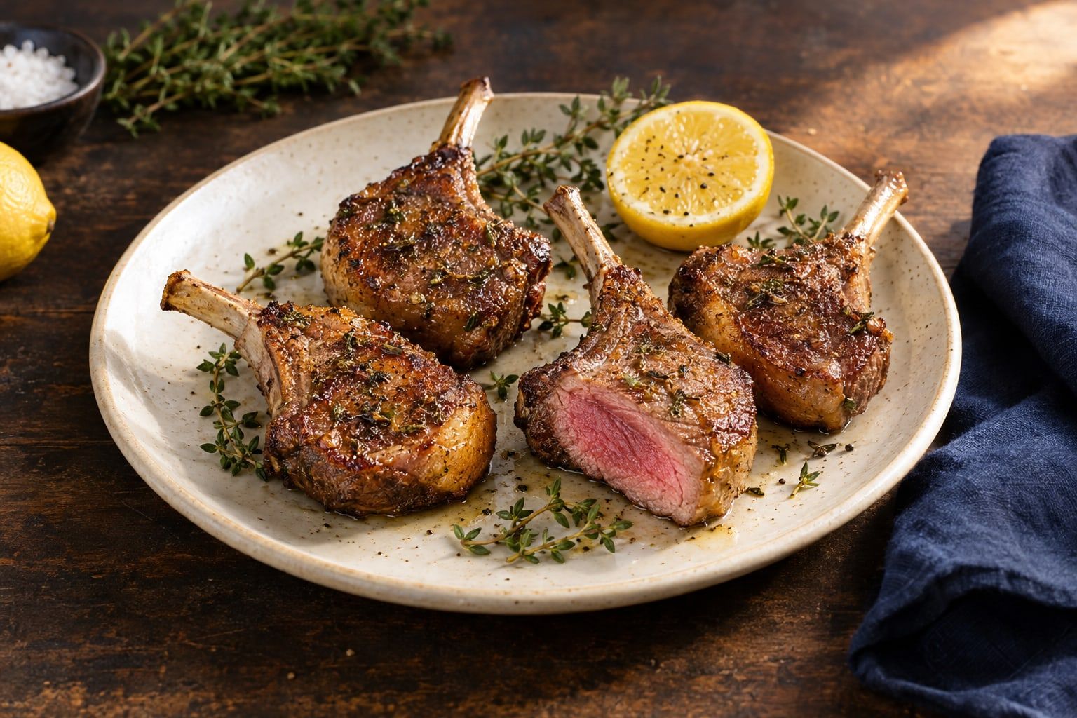 Côtelettes d’agneau au air fryer, croûte dorée et cœur rosé sur une assiette avec citron et thym