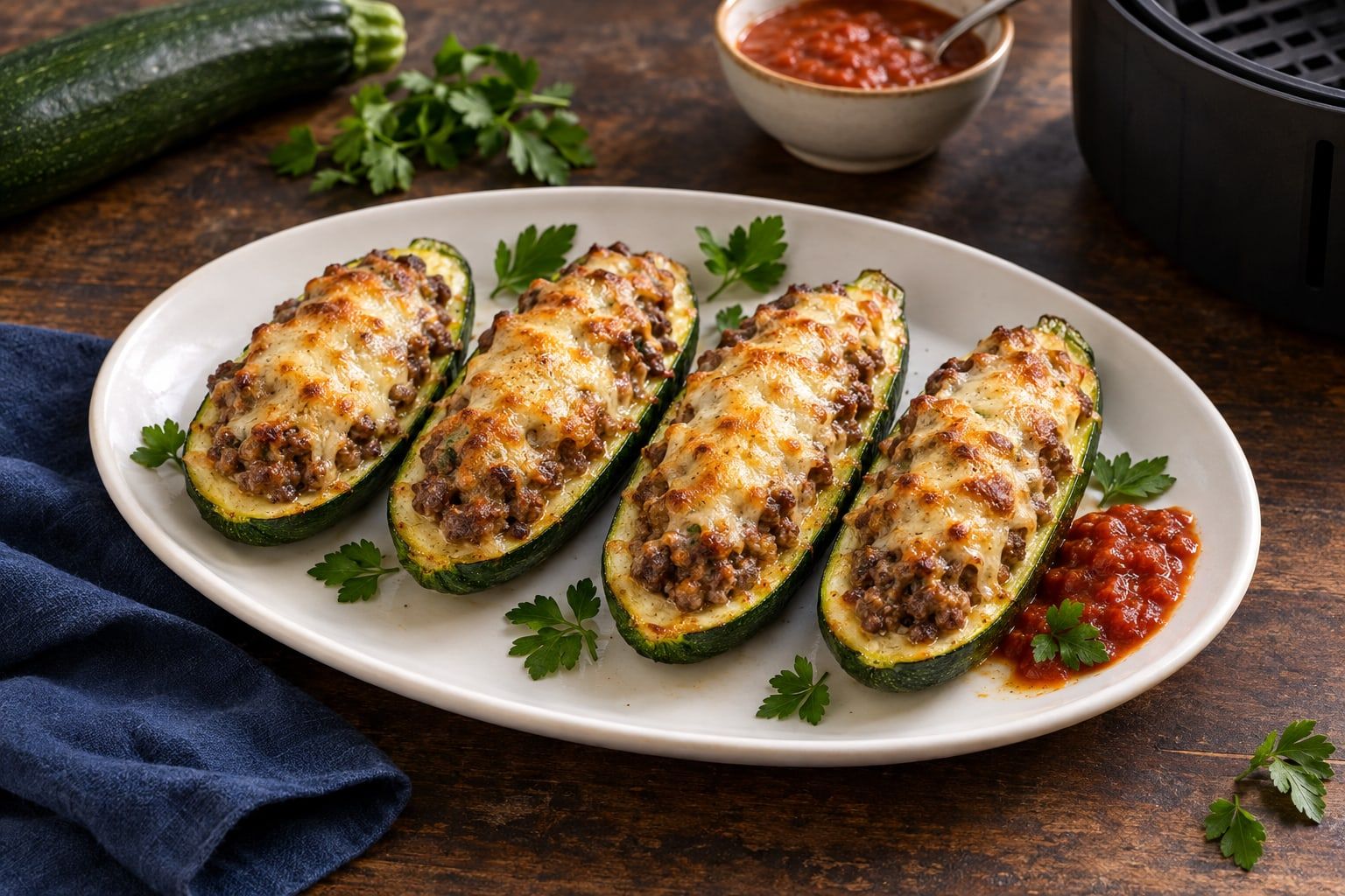 Courgettes farcies au air fryer, quatre bateaux de farce dorée gratinés au gruyère sur une assiette ovale