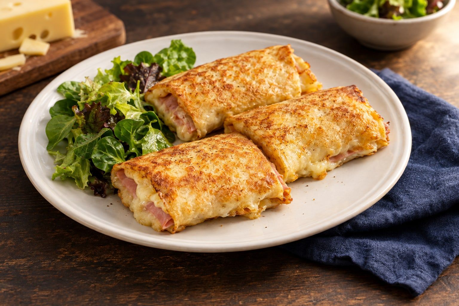 Crêpes jambon fromage au air fryer, trois crêpes pliées dorées dont le fromage affleure, avec une salade verte