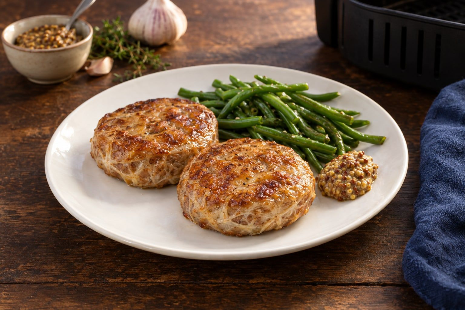 Crépinettes au air fryer, deux galettes de porc dorées enrobées de crépine, servies avec des haricots verts et de la moutarde