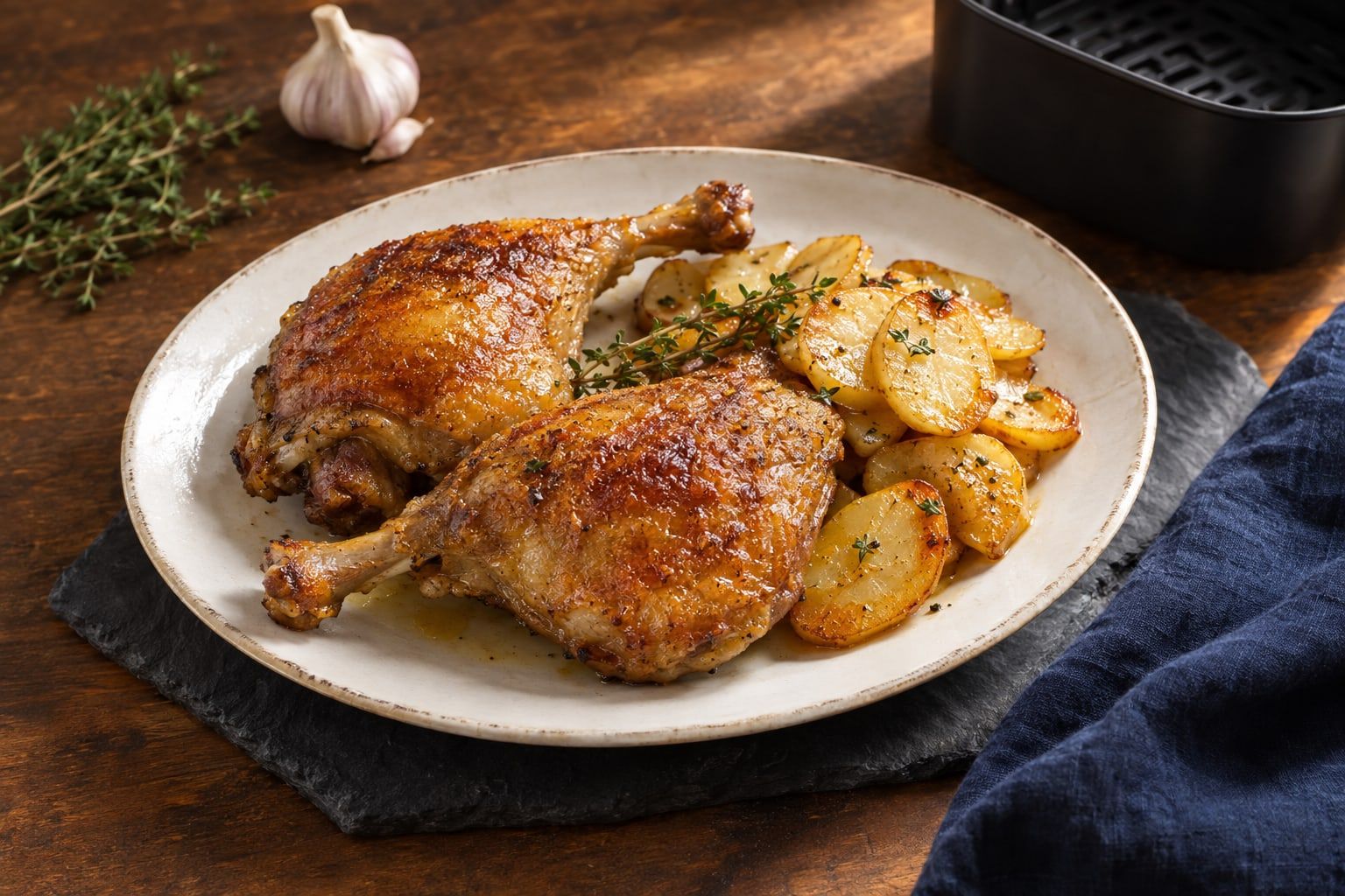 Cuisse de canard au air fryer, peau dorée et croustillante, servie avec des pommes de terre sautées