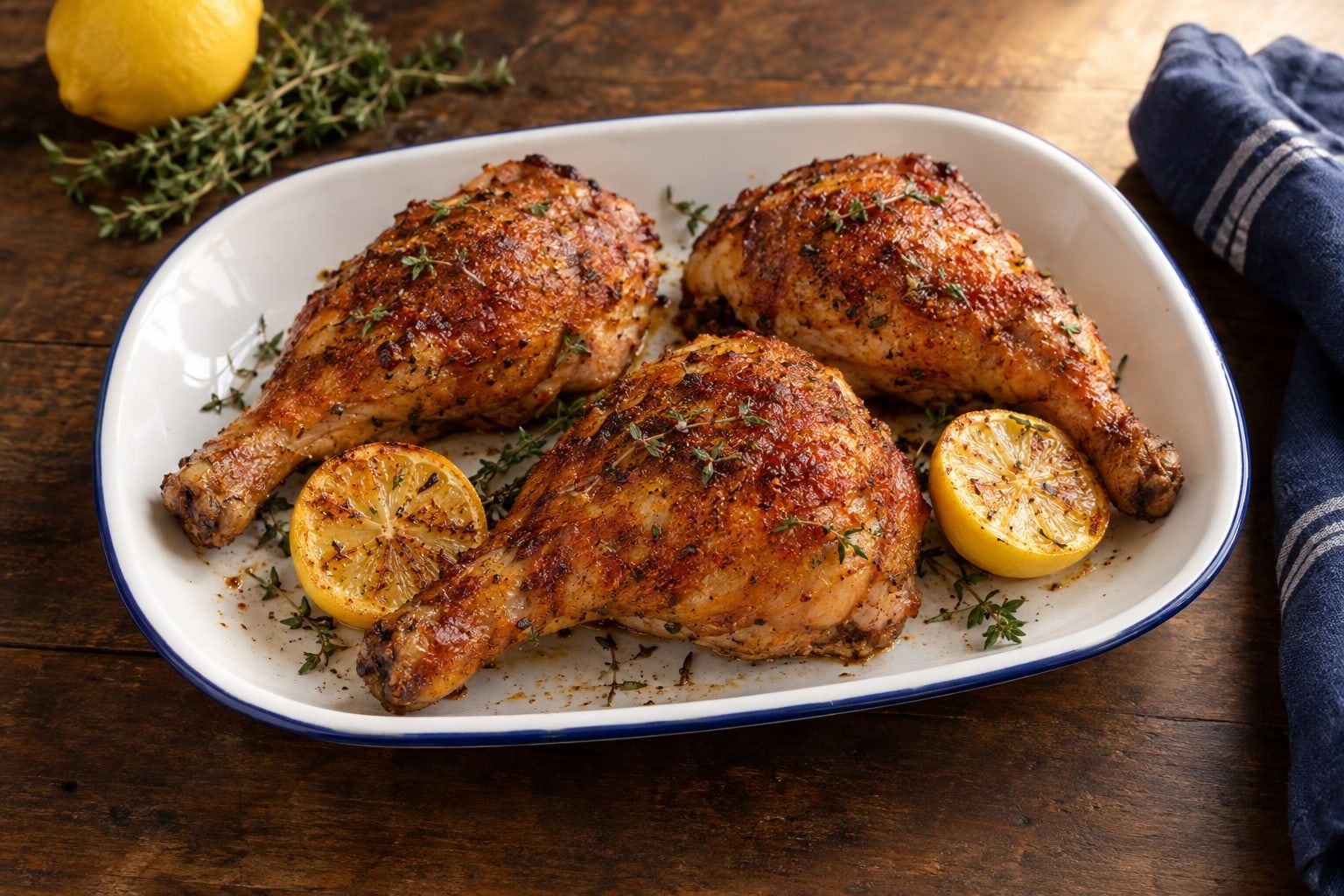 Cuisses de poulet au air fryer, peau ambrée au paprika dans un plat émaillé blanc