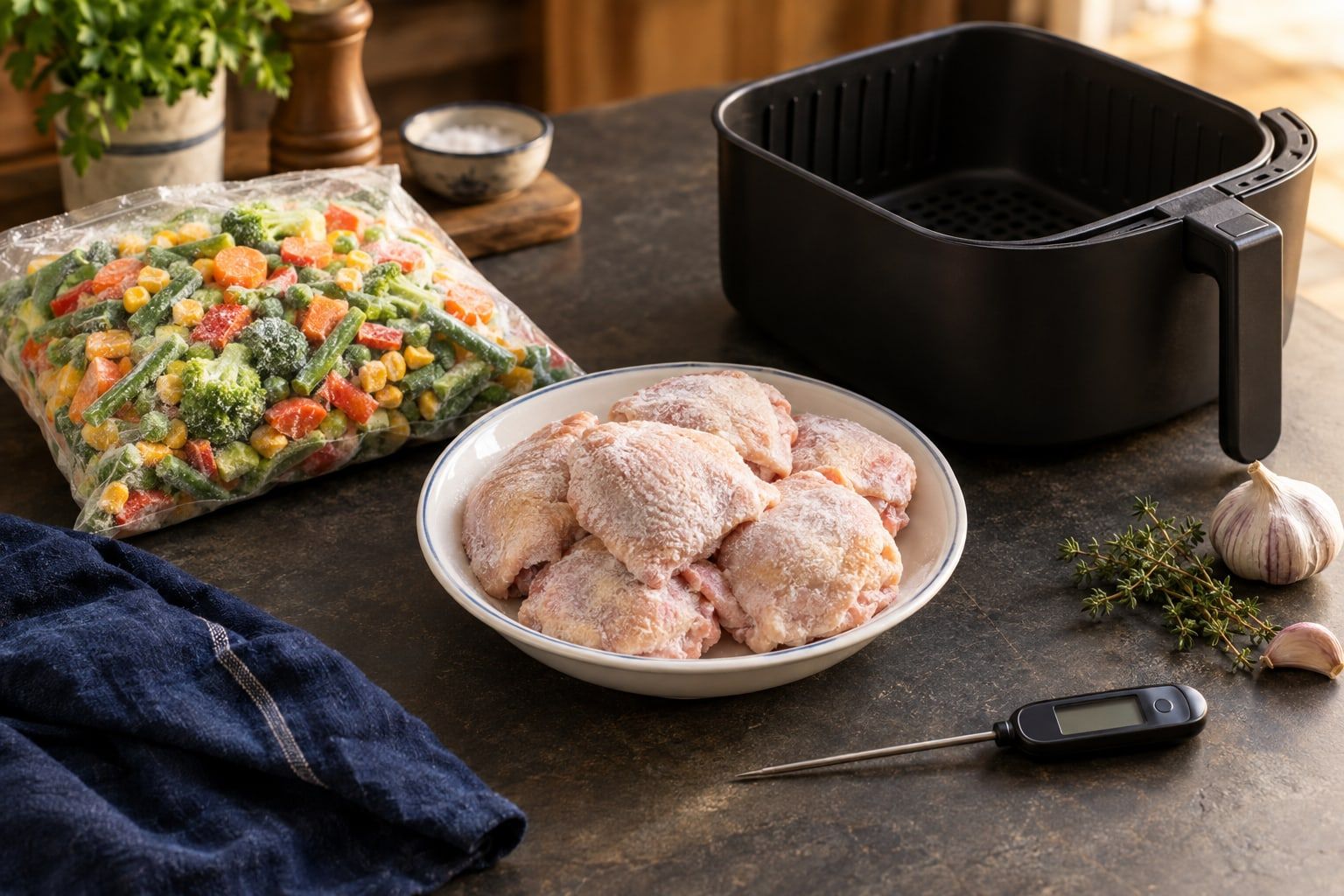 Décongélation air fryer, morceaux de poulet surgelés dans le panier à côté d’un thermomètre de cuisine