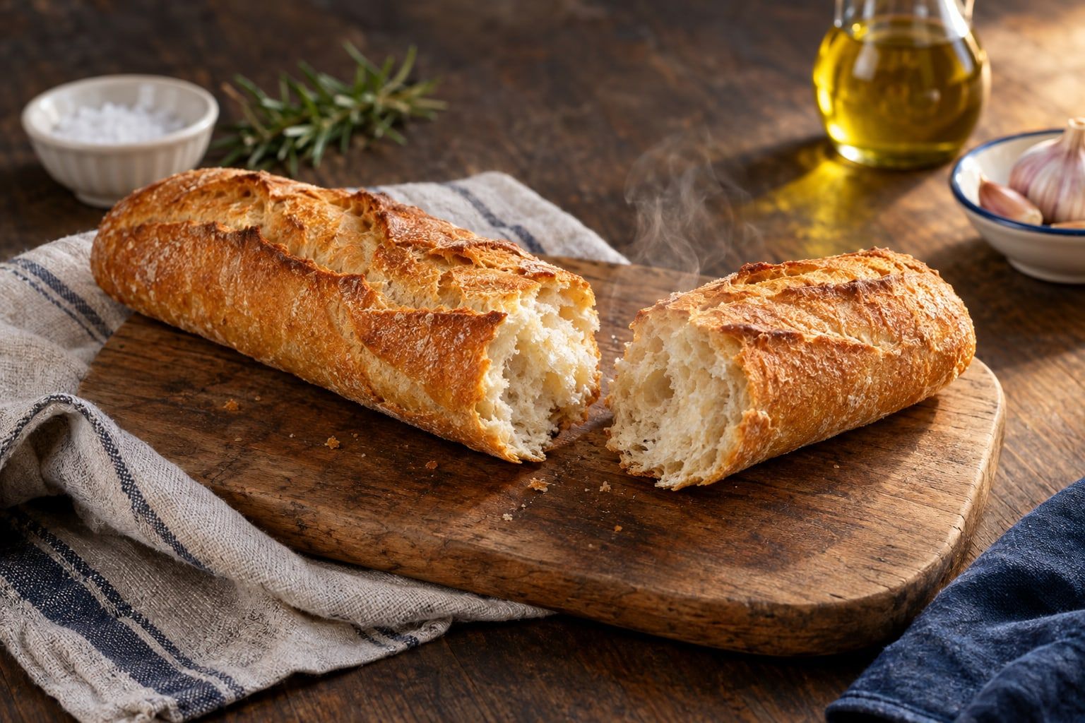 Décongeler du pain au air fryer, tronçons de baguette dorée à la mie souple et chaude sur une planche en bois