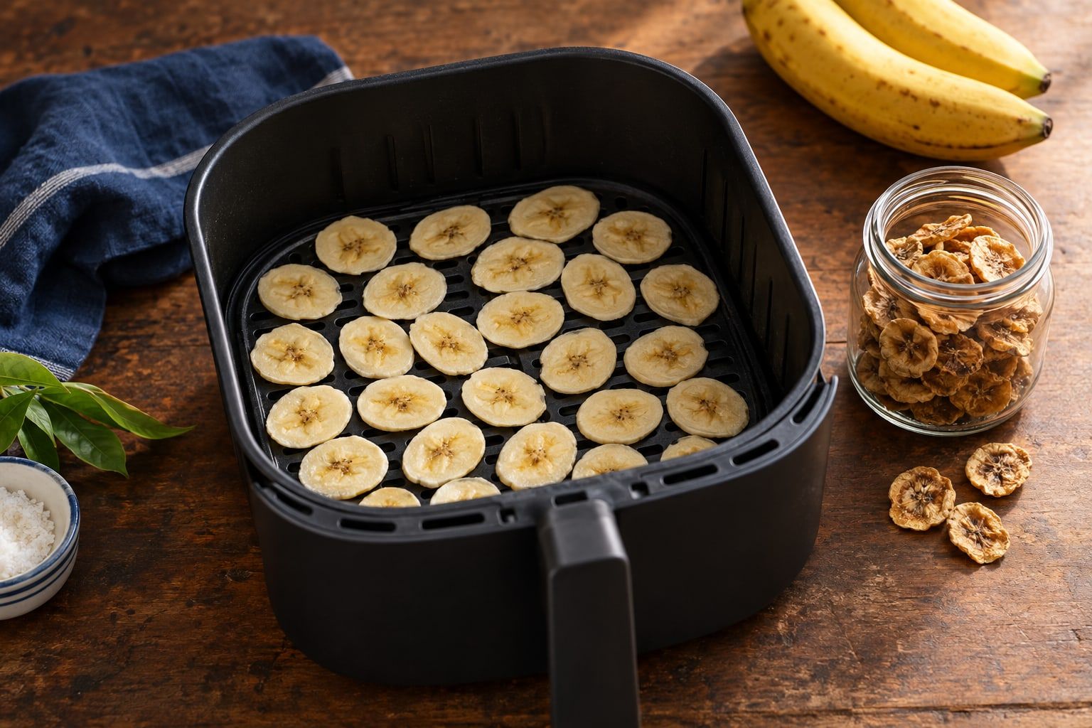 Banane déshydratée air fryer, tranches fines sur la grille du panier d’un air fryer