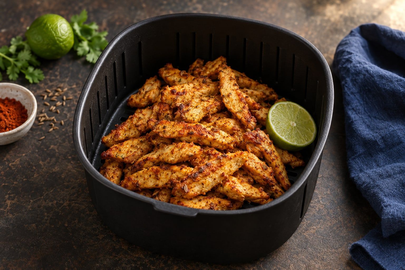 Émincé de poulet au air fryer, lanières dorées au paprika et au cumin dans un panier noir avec un demi-citron vert