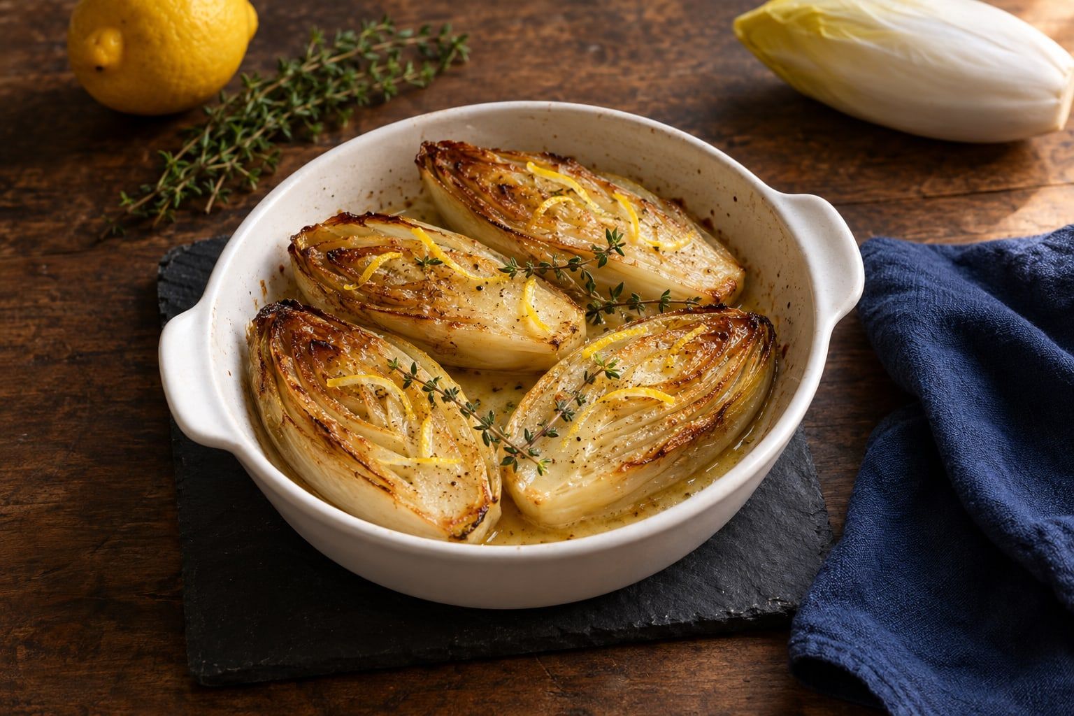 Endives au air fryer, quatre demi-endives braisées et caramélisées dans un petit plat rond blanc avec thym et zeste de citron