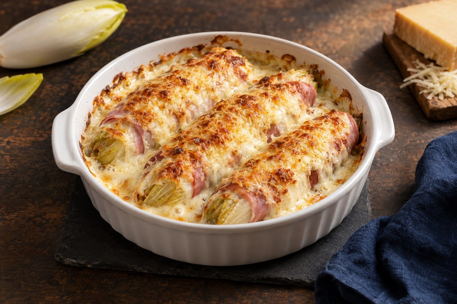 Endives au jambon au air fryer, trois endives roulées dans le jambon et gratinées dans un plat rond blanc