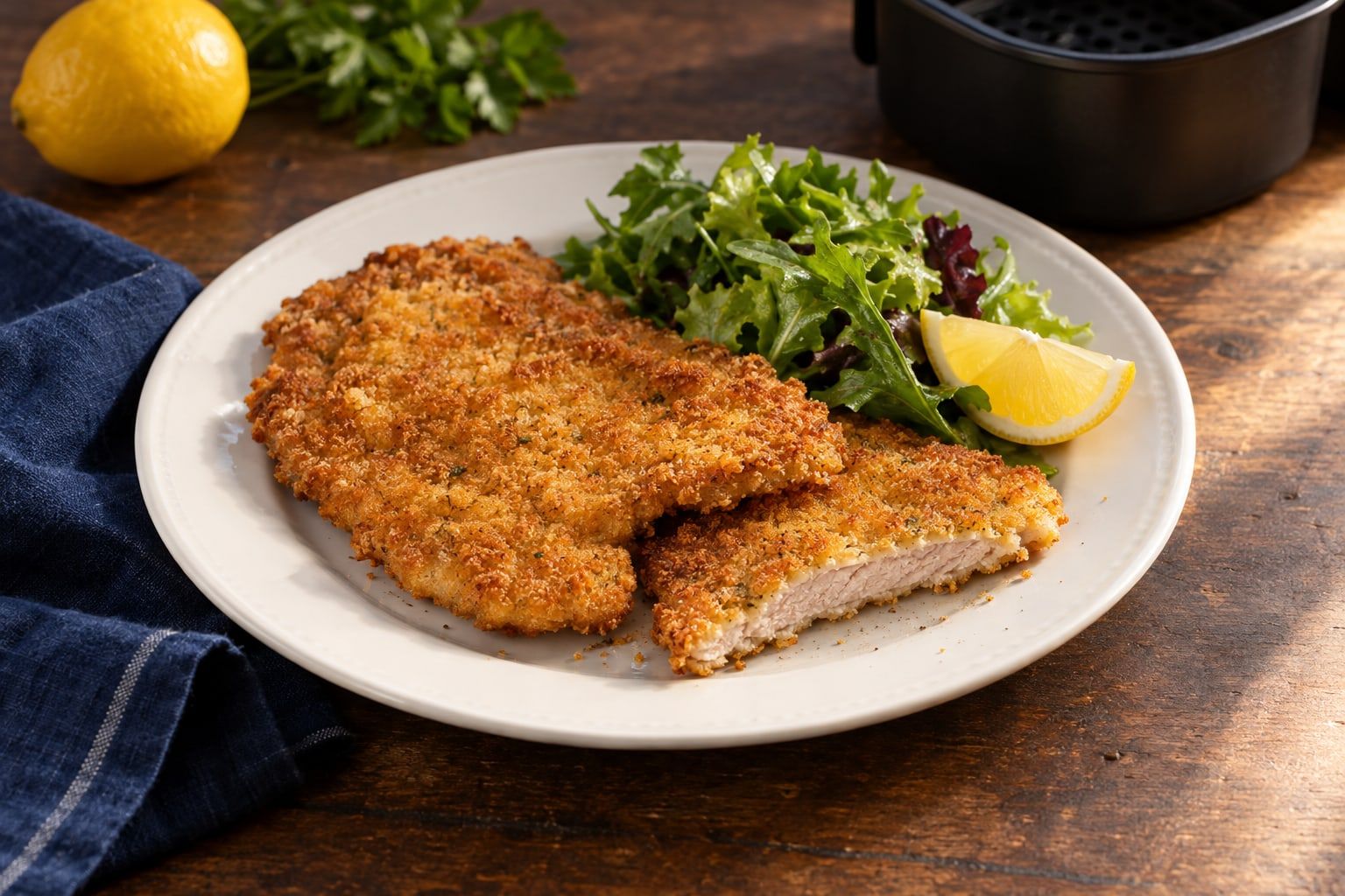 Escalope de veau au air fryer, panure dorée et chair nacrée, servie avec un quartier de citron