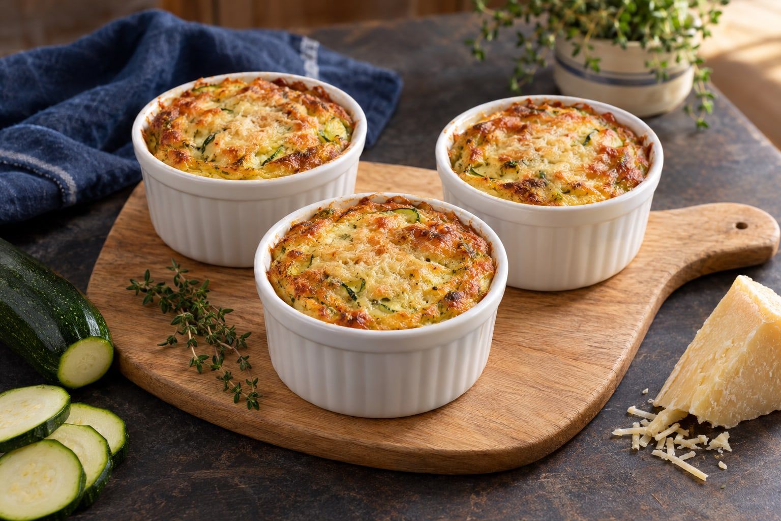 Flan de courgettes au air fryer, trois ramequins blancs au dessus doré parsemé de gruyère fondu