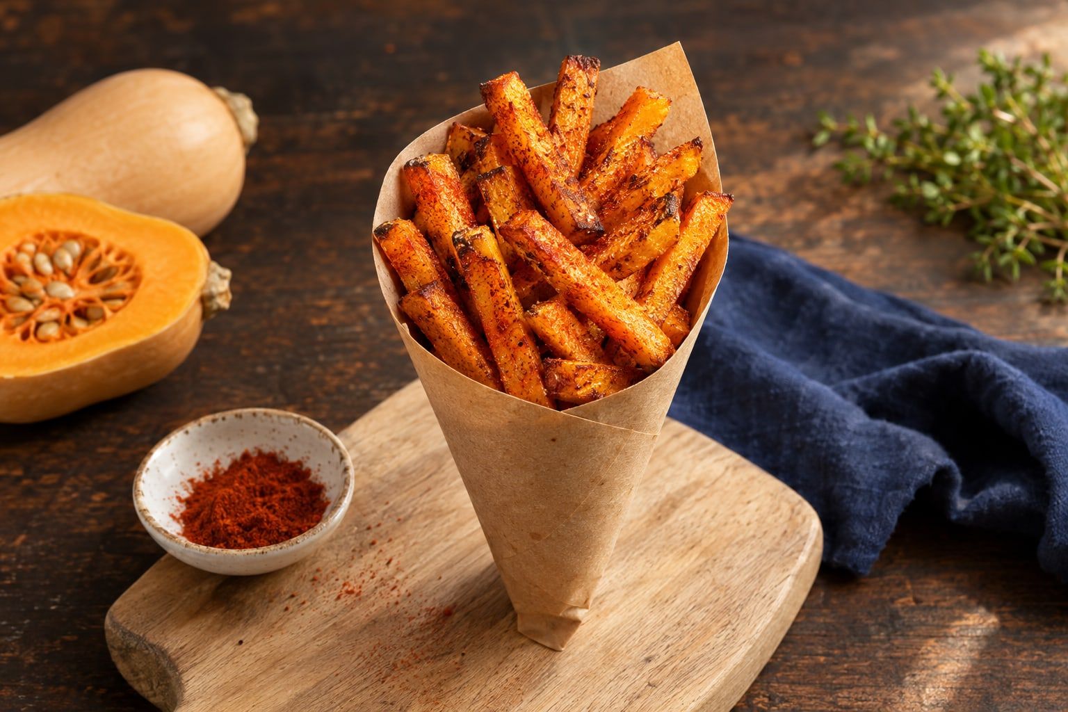 Frites de butternut au air fryer, bâtonnets orange aux bords dorés dans un cornet en papier kraft