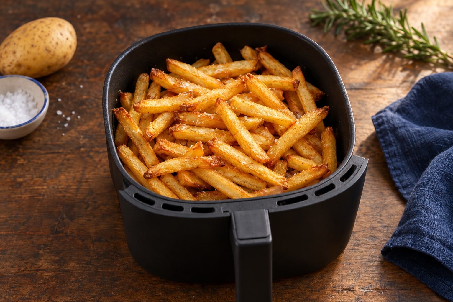 Frites surgelées au air fryer, bâtonnets dorés et salés dans un panier noir