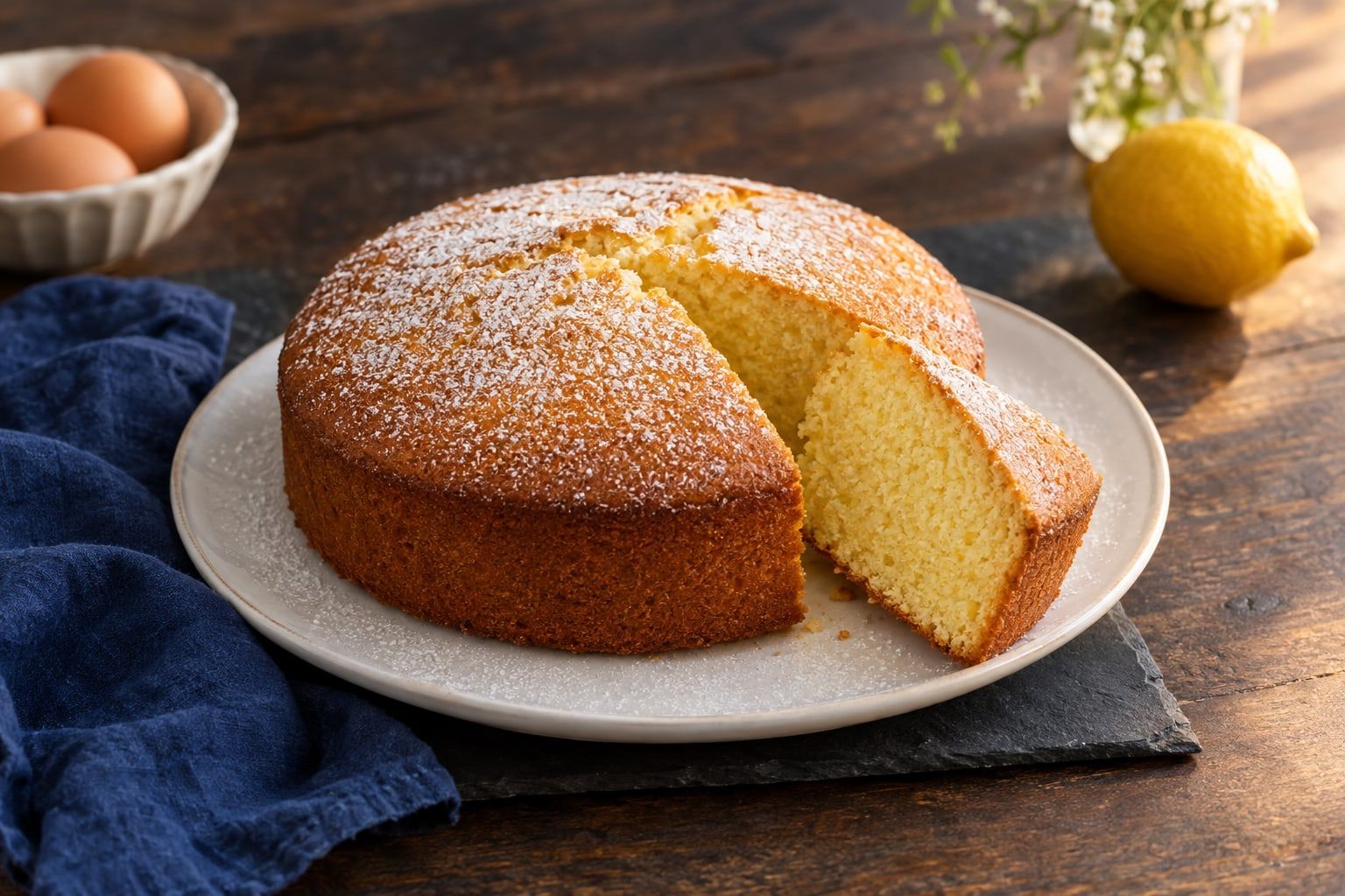Gâteau au air fryer, quatre-quarts rond doré dont une part est coupée, sur une assiette blanche