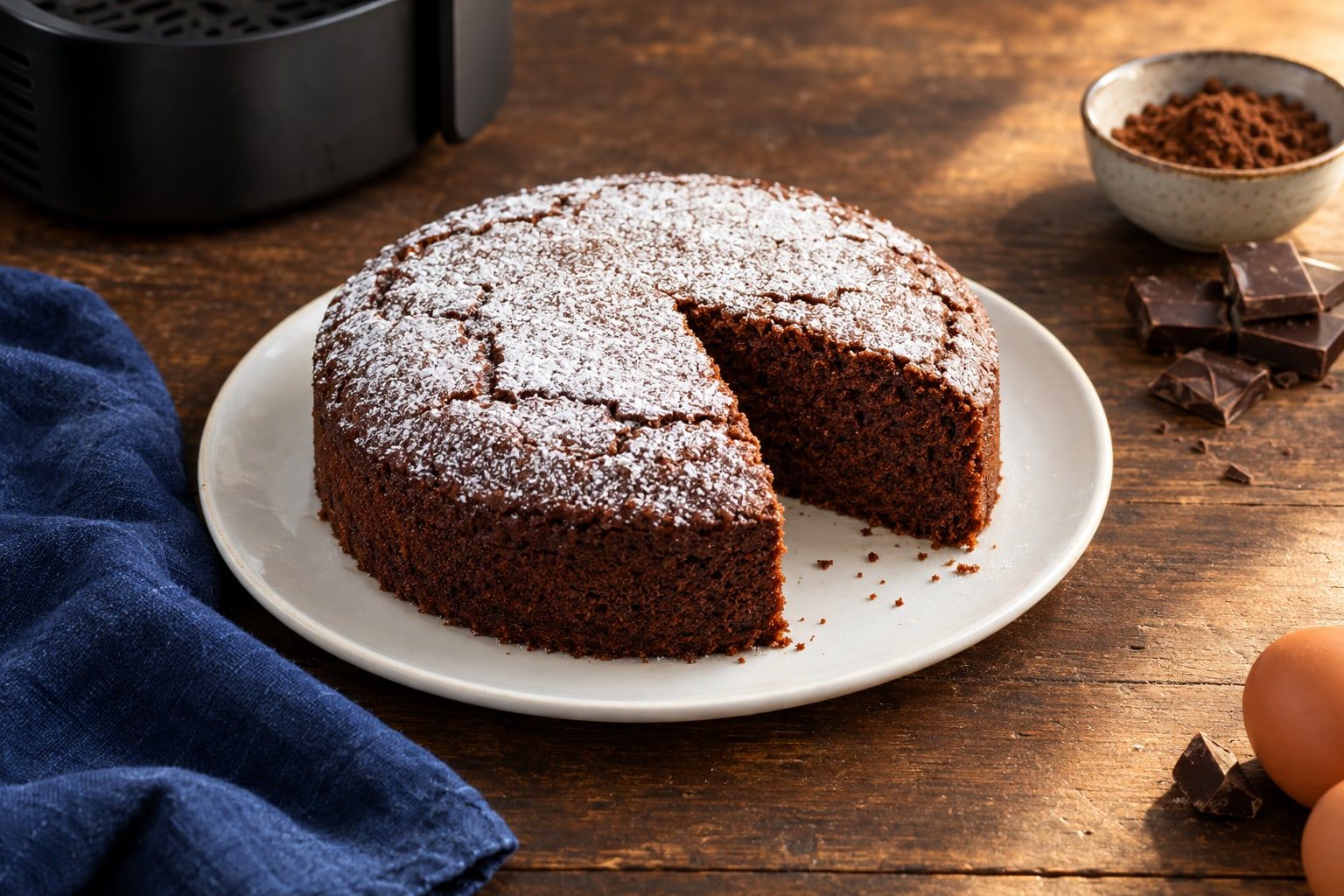 Gâteau au chocolat au air fryer, gâteau rond à la mie moelleuse saupoudré de sucre glace, une part découpée