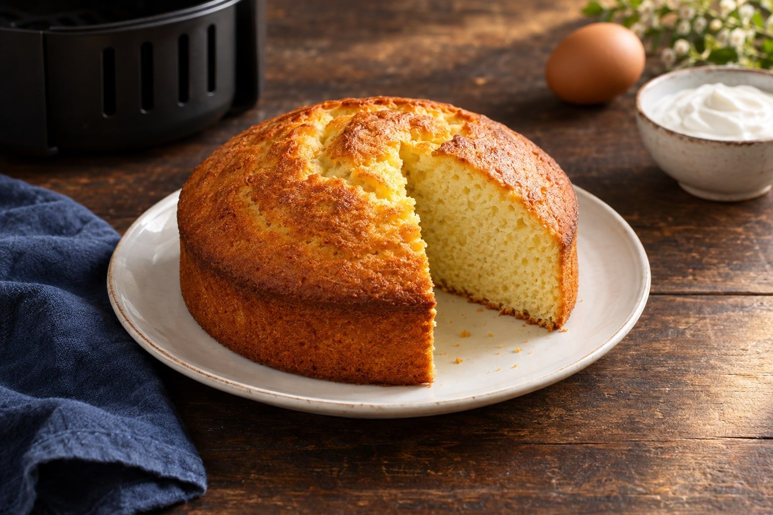 Gâteau au yaourt au air fryer, gâteau rond doré à la mie légère, une part découpée