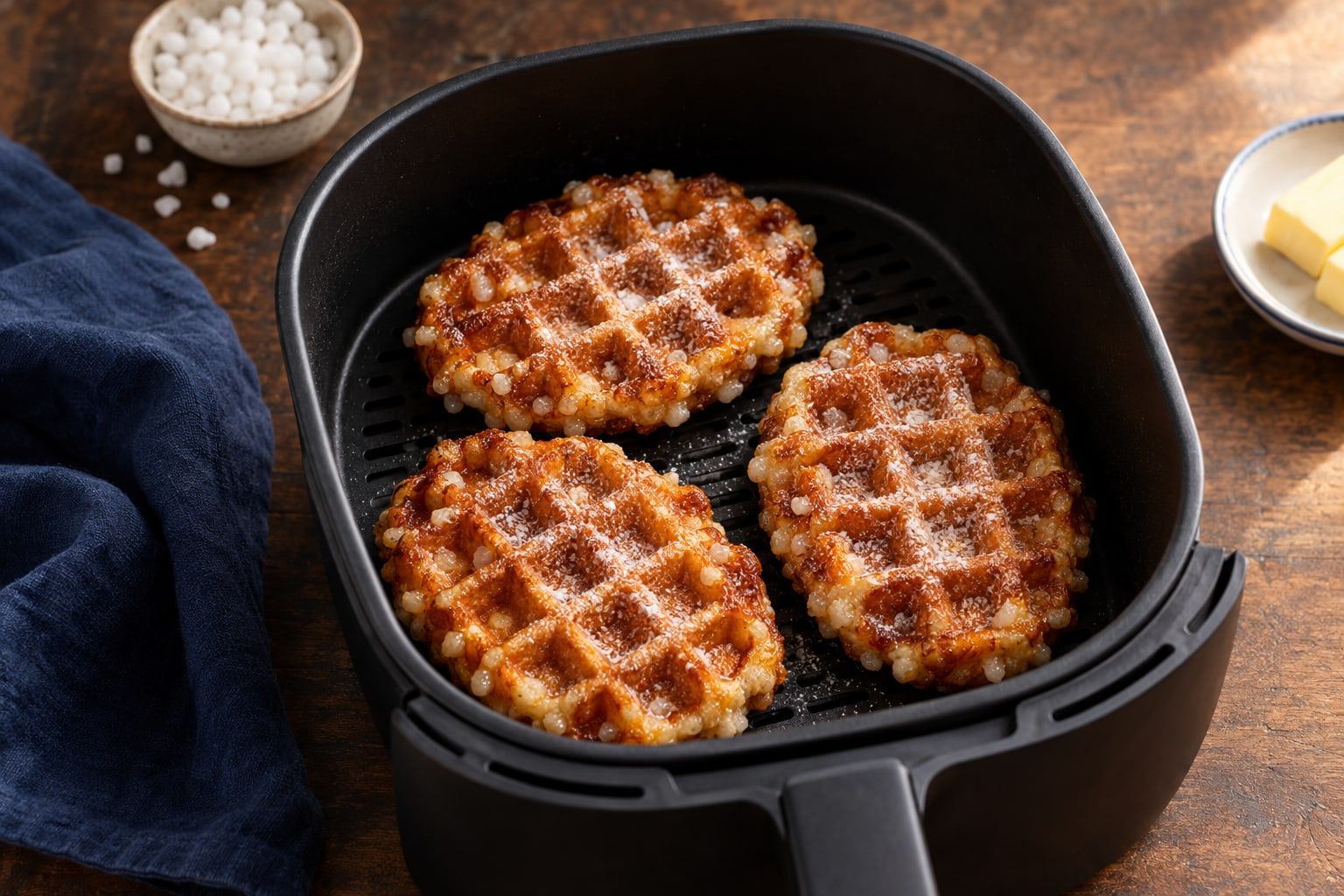 Gaufres au air fryer, trois gaufres de Liège dorées au sucre perlé caramélisé dans le panier noir