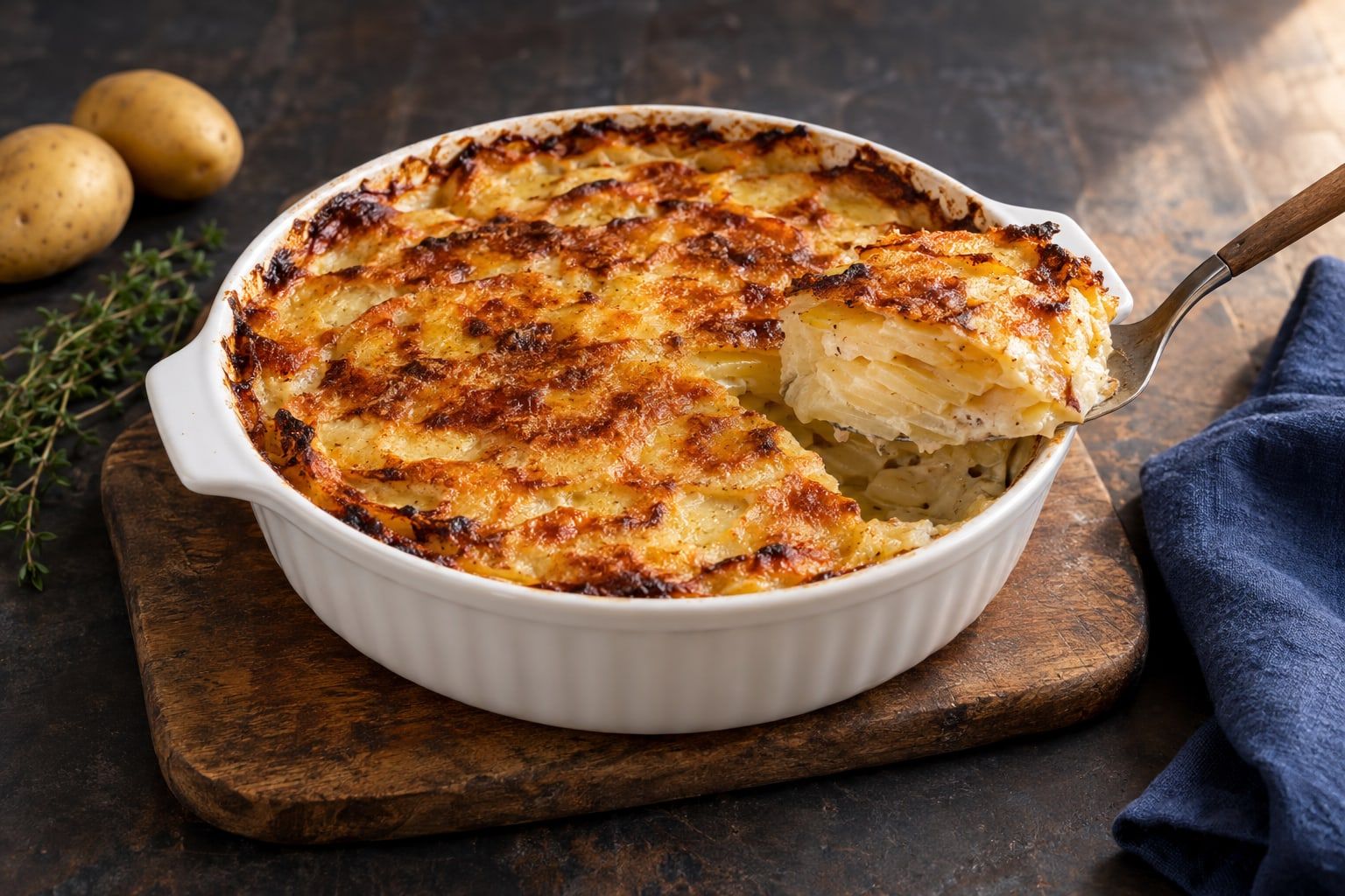 Gratin dauphinois au air fryer, plat rond en porcelaine au dessus doré et une part qui laisse voir les couches crémeuses