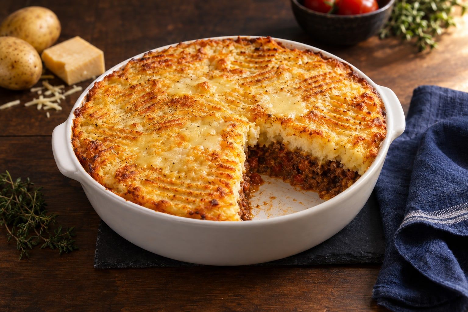 Hachis parmentier au air fryer, purée striée dorée et farce de bœuf visible sous la part retirée