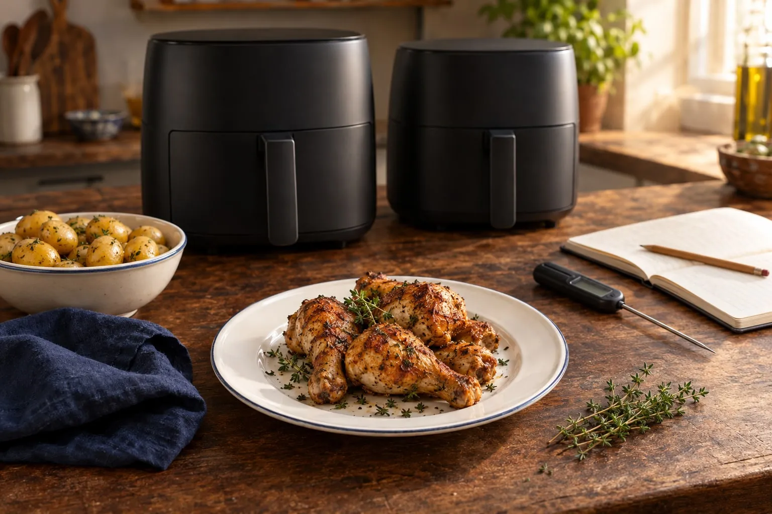 Deux air fryers sur un plan de travail avec un thermomètre de cuisine, un carnet et des produits frais