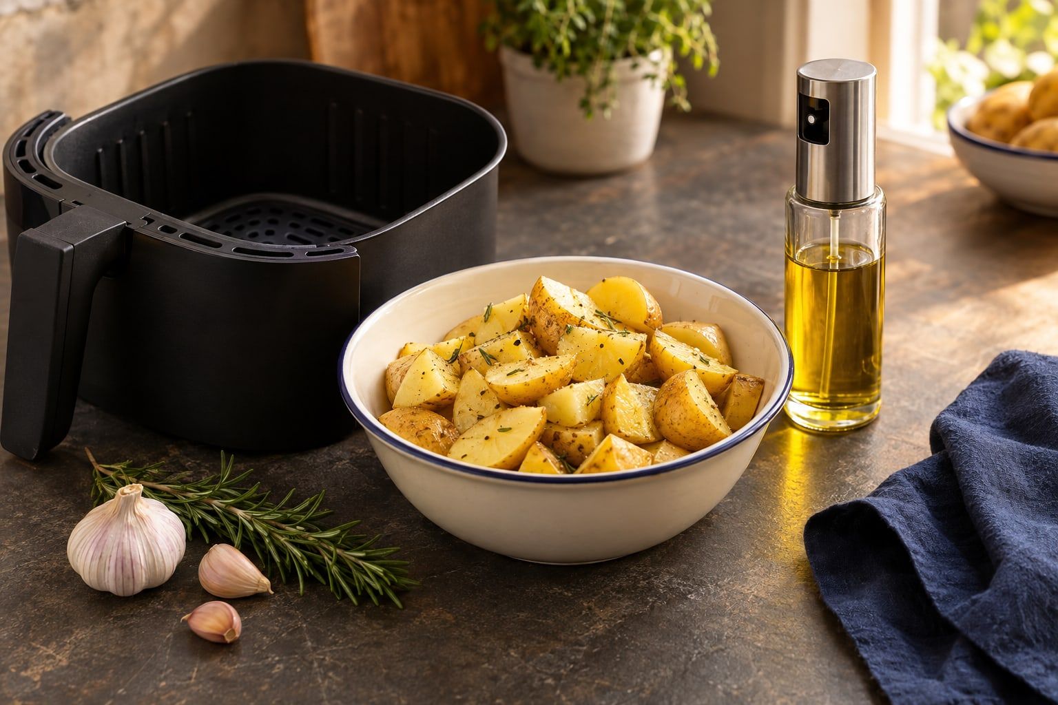 Spray huile air fryer, pulvérisateur rempli d’huile à côté d’un panier de pommes de terre coupées
