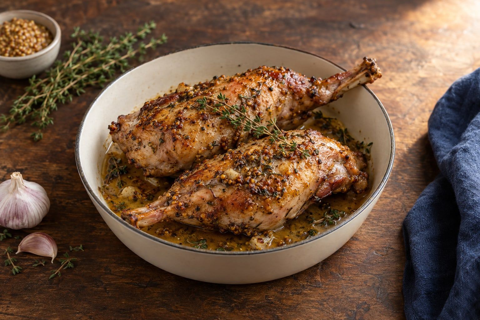 Lapin au air fryer, deux cuisses dorées à la moutarde et au thym dans un plat rond avec leur jus