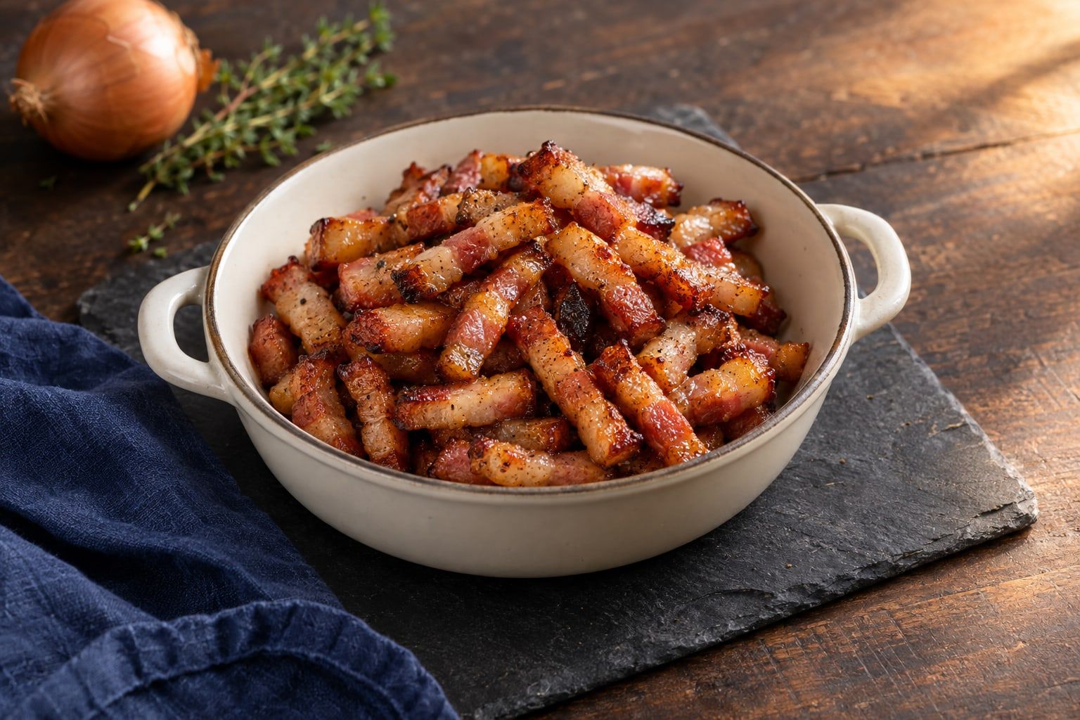 Lardons au air fryer, bâtonnets dorés et brillants dans un petit plat rond en métal