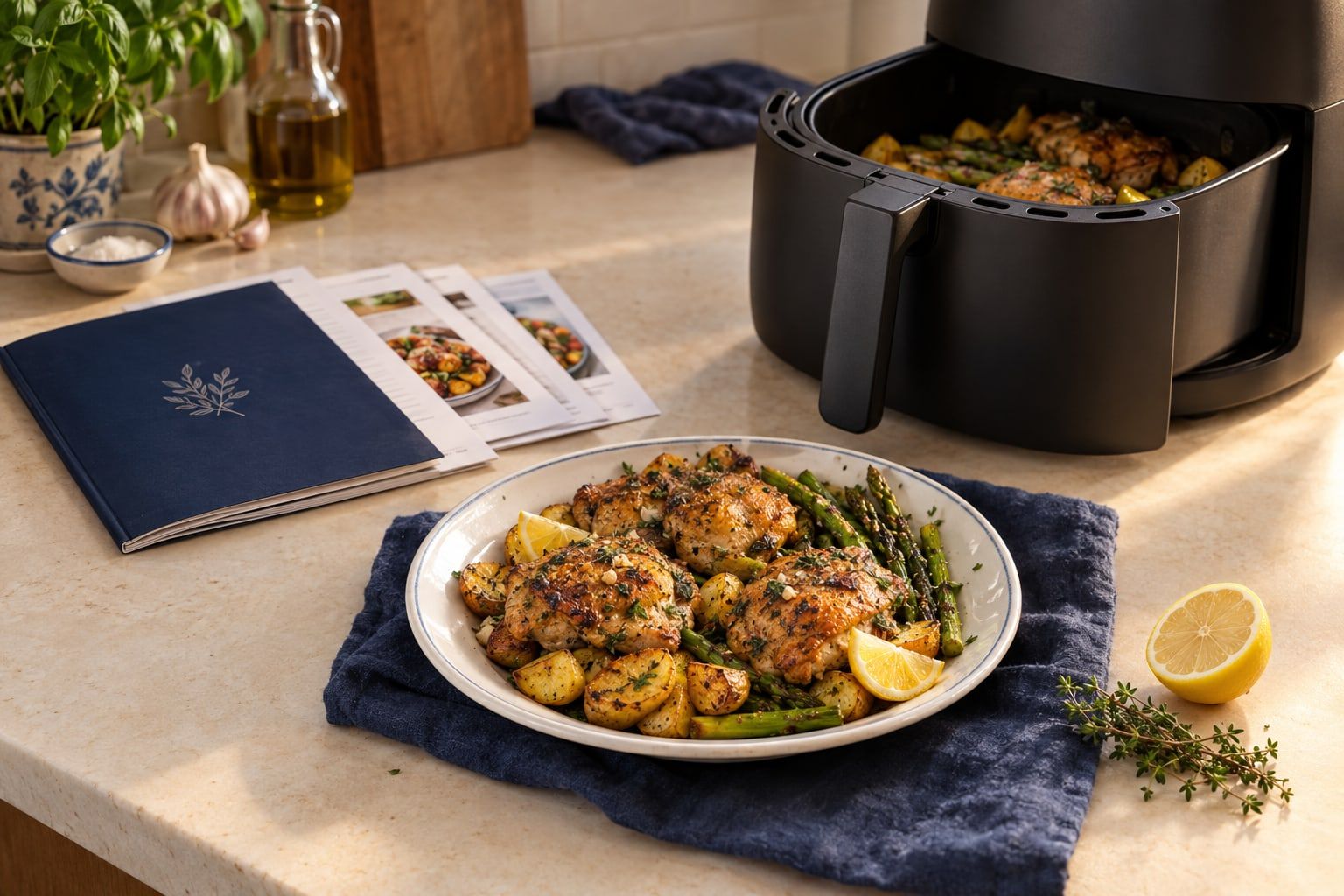 Livre de recettes air fryer en PDF imprimé, pages de recettes posées à côté d’un air fryer à panier