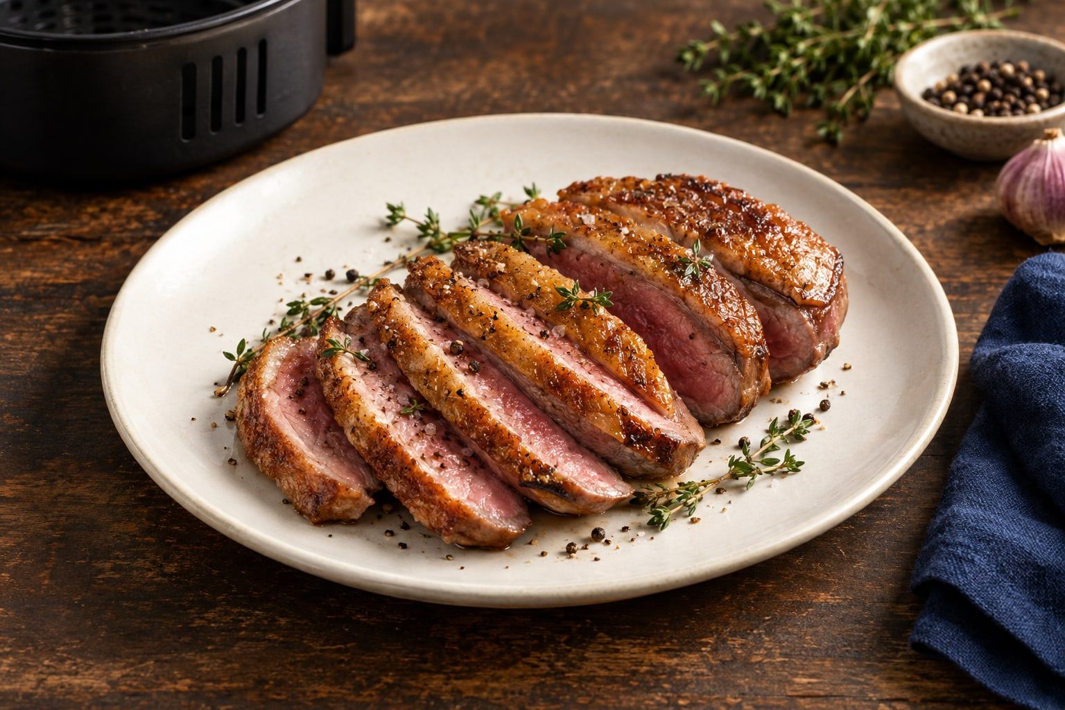 Magret de canard au air fryer, tranché en éventail, peau dorée et chair rosée